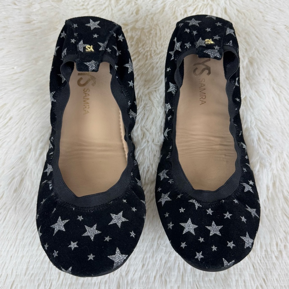 Yosi Samra Black Suede Stars Foldable Ballet Flats 10 Samara Constellation EUC